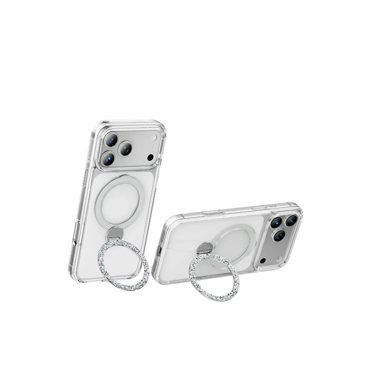 Keephone Apple iPhone 17 Pro Crystal Taşlı 360 Magsafe Standlı Kapak - Şeffaf