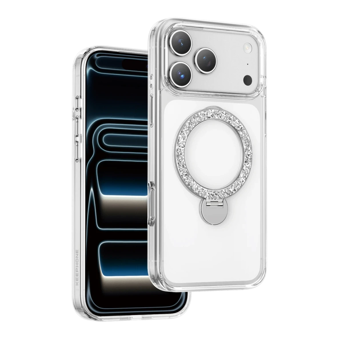 Keephone Apple iPhone 17 Pro Max Crystal Taşlı 360 Magsafe Standlı Kapak - Şeffaf