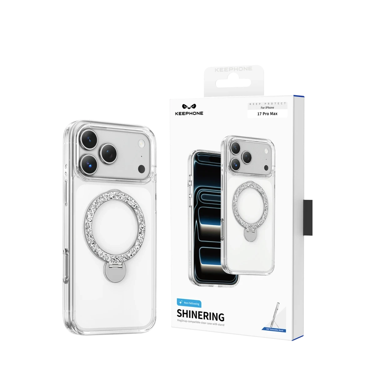 Keephone Apple iPhone 17 Pro Max Crystal Taşlı 360 Magsafe Standlı Kapak - Şeffaf