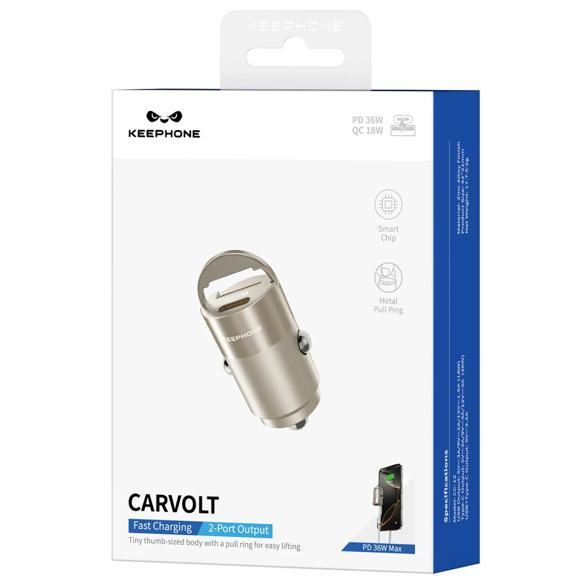 Keephone CarVolt CC12 1 Adet 36W Type-C 1 Adet 18W USB Çıkışlı PD Hızlı Araç Şarj - Titanyum
