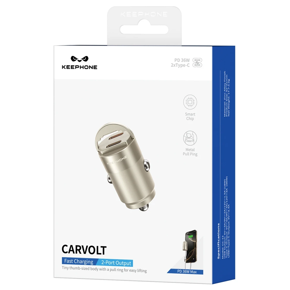 Keephone CarVolt CC12 2 Adet 36W Type-C Çıkışlı PD Hızlı Araç Şarj - Titanyum