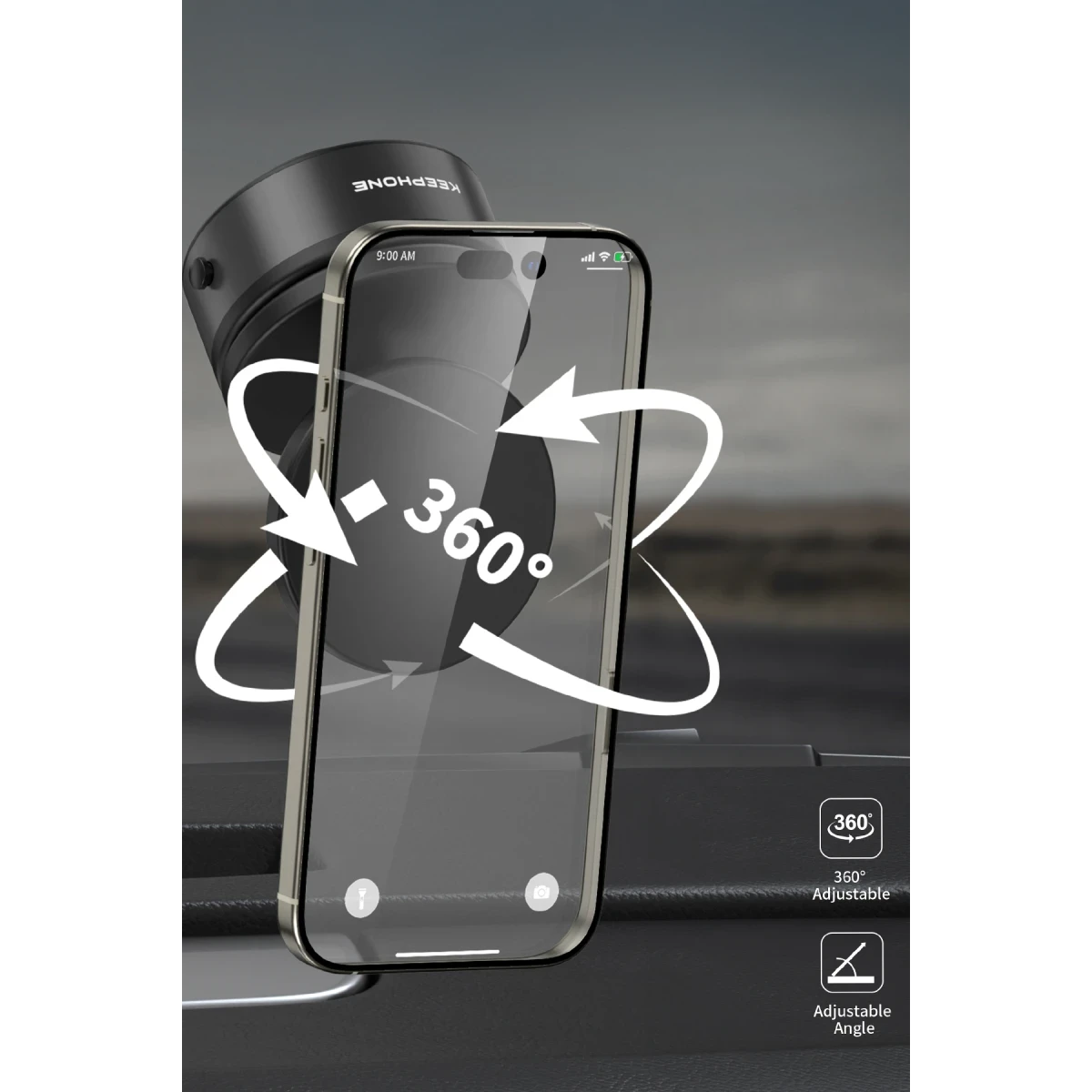 Keephone CR107 Vantuzlu 360 Derece Ayarlanabilir Kablosuz Şarj Destekli Manyetik Magsafe Telefon Tutucu - Siyah