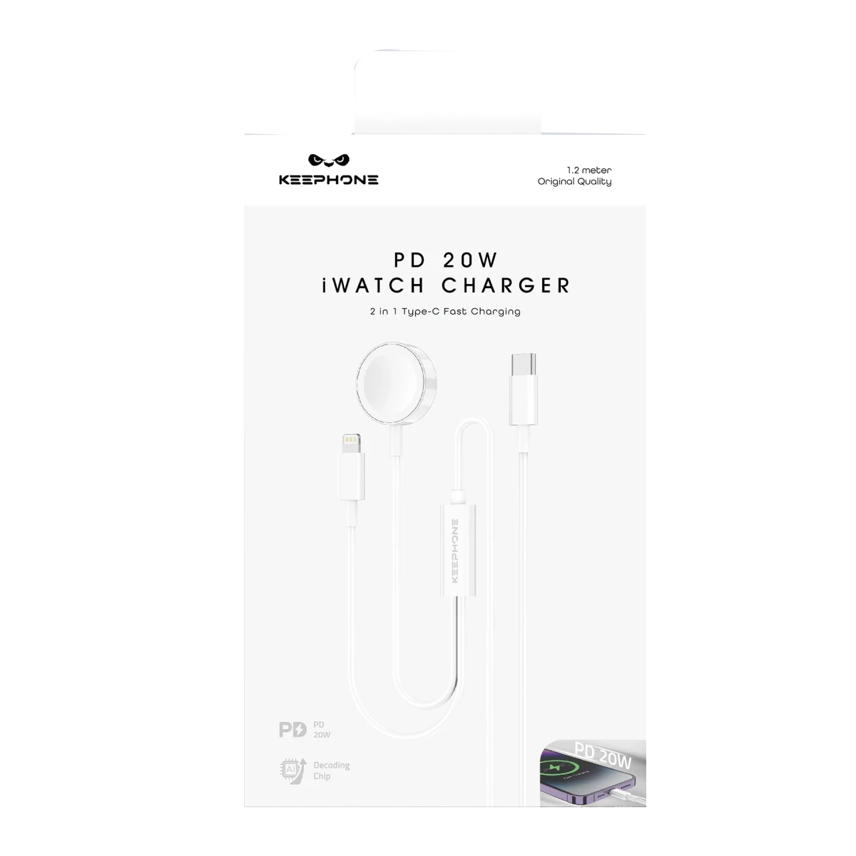 Keephone IC-013 Type-C to Lightning ve Kablosuz Saat Şarj Çıkışlı 2in1 Hızlı Şarj Kablosu - Beyaz