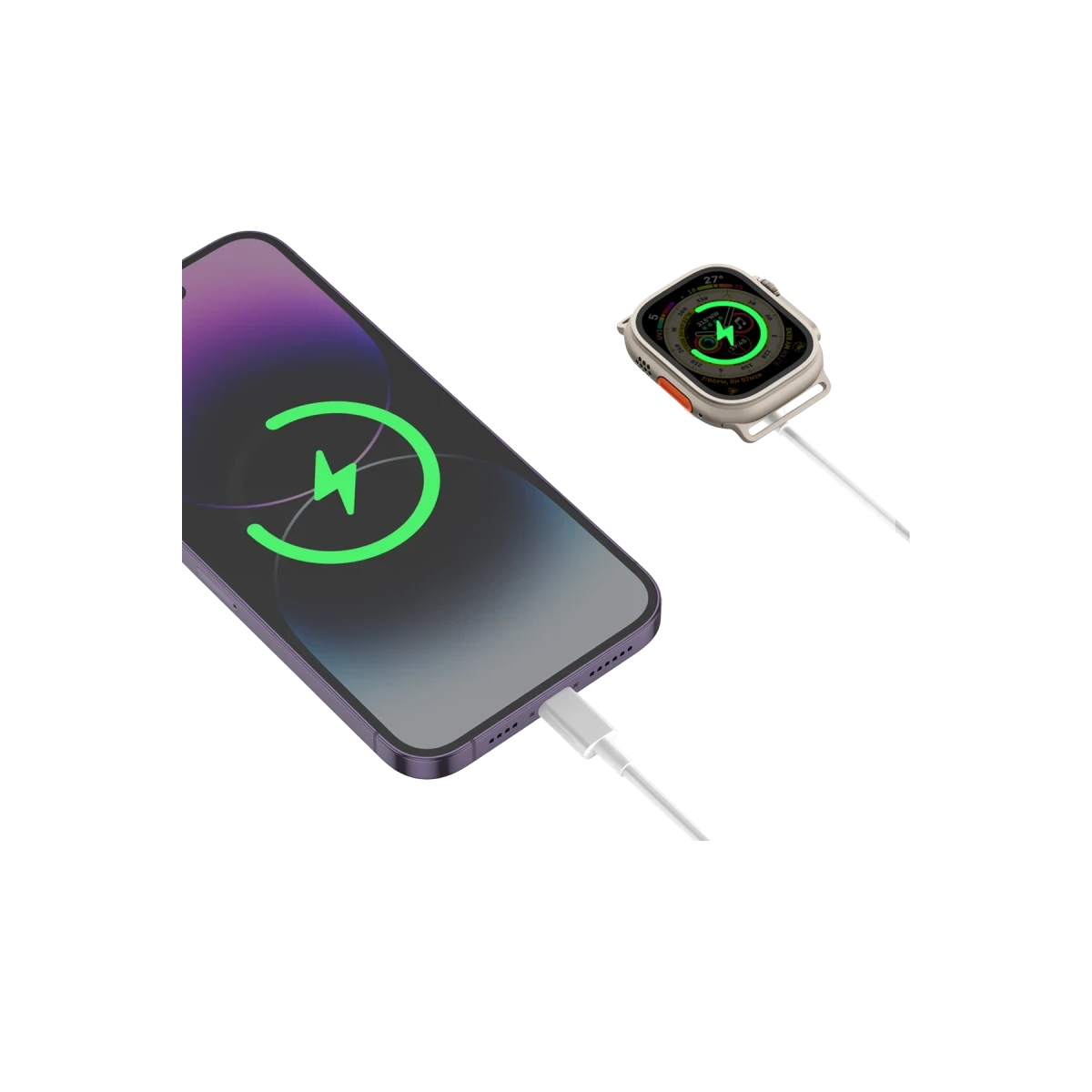 Keephone IC-013 Type-C to Lightning ve Kablosuz Saat Şarj Çıkışlı 2in1 Hızlı Şarj Kablosu - Beyaz