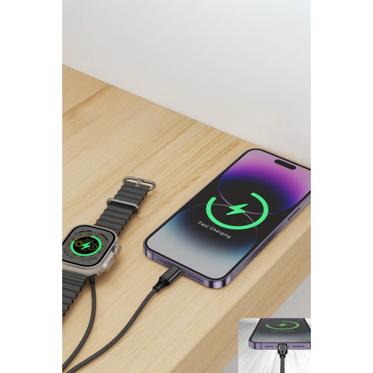 Keephone IC-014 Type-C to Lightning ve Kablosuz Saat Şarj Çıkışlı 2in1 Örgü Hızlı Şarj Kablosu - Siyah