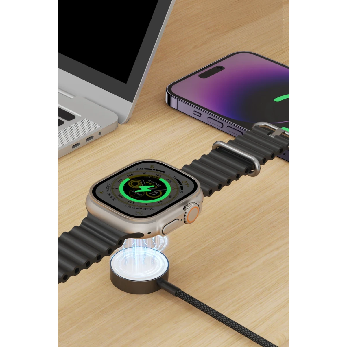 Keephone IC-014 Type-C to Lightning ve Kablosuz Saat Şarj Çıkışlı 2in1 Örgü Hızlı Şarj Kablosu - Siyah