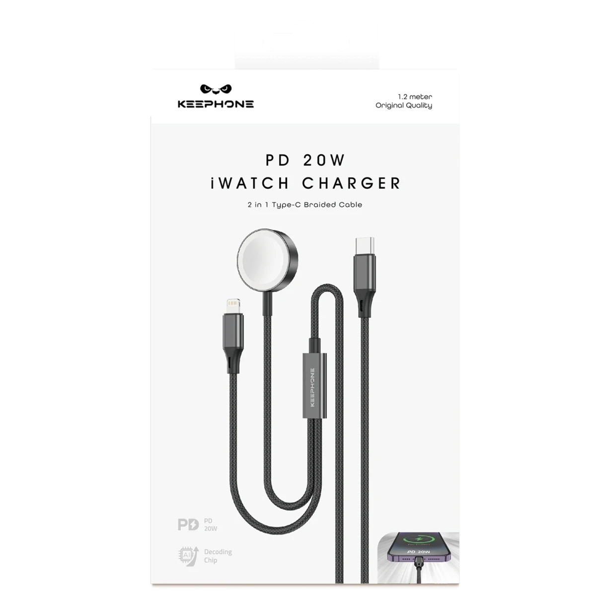 Keephone IC-014 Type-C to Lightning ve Kablosuz Saat Şarj Çıkışlı 2in1 Örgü Hızlı Şarj Kablosu - Siyah