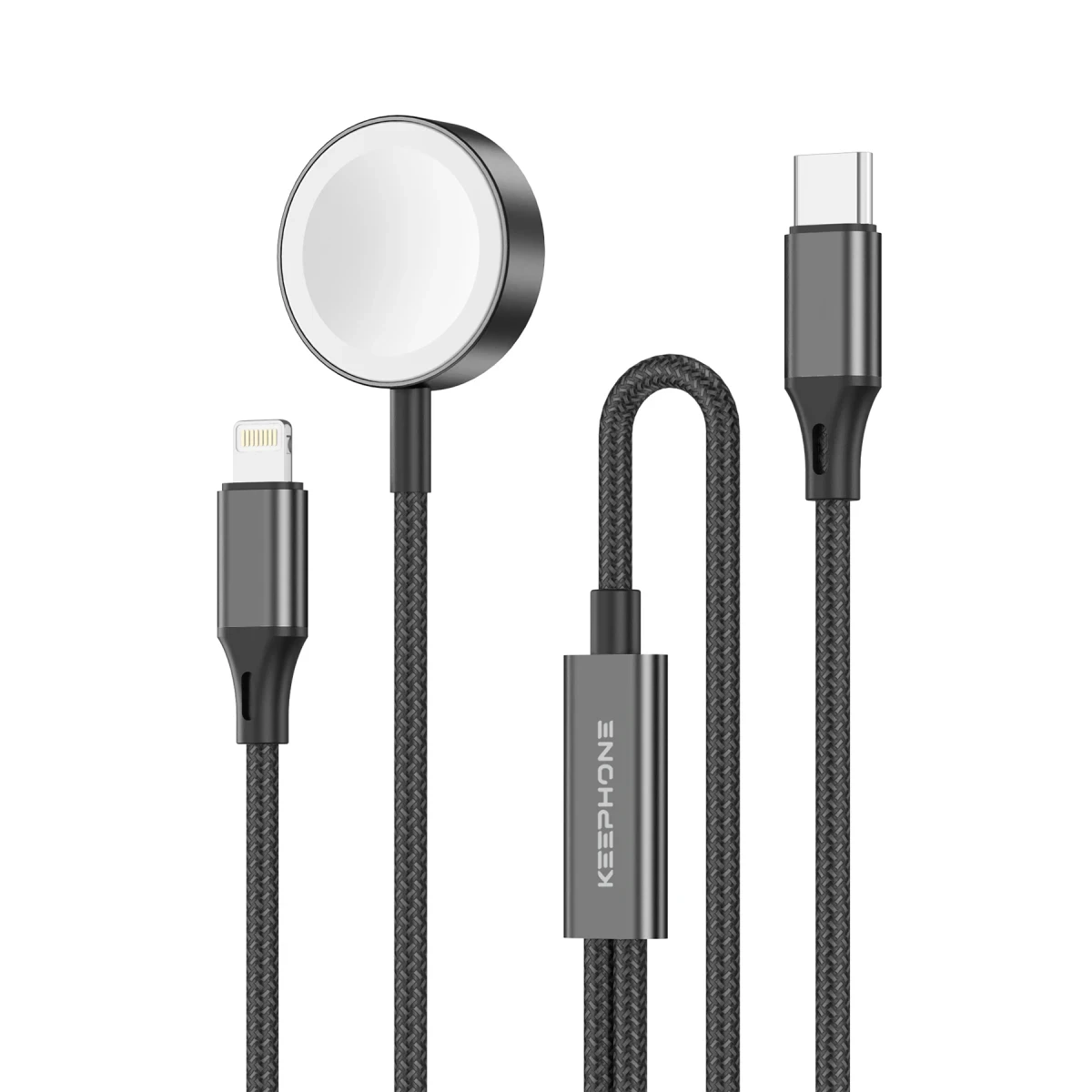 Keephone IC-014 Type-C to Lightning ve Kablosuz Saat Şarj Çıkışlı 2in1 Örgü Hızlı Şarj Kablosu - Siyah