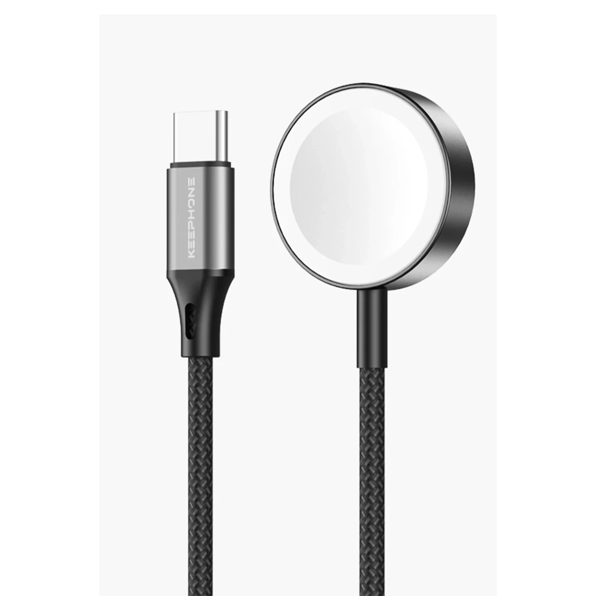 Keephone IC-016 Type-C to Kablosuz Saat Şarj Çıkışlı Örgü Hızlı Şarj Kablosu - Siyah