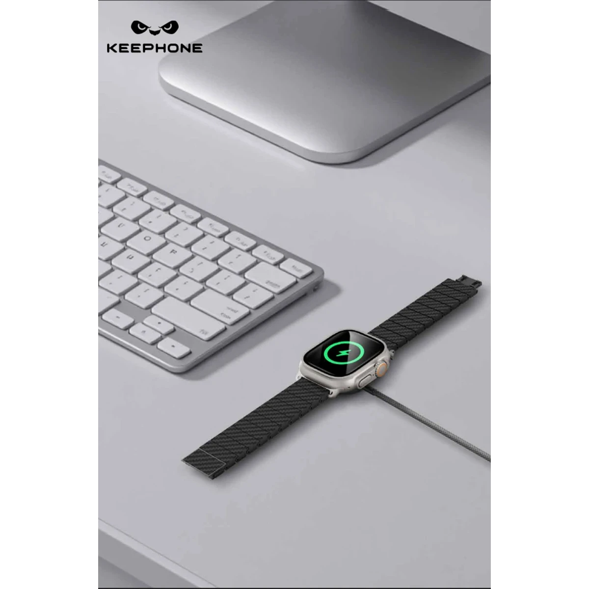 Keephone IC-026 Type-C to Kablosuz Saat Şarj Çıkışlı Örgü Hızlı Şarj Kablosu - Siyah