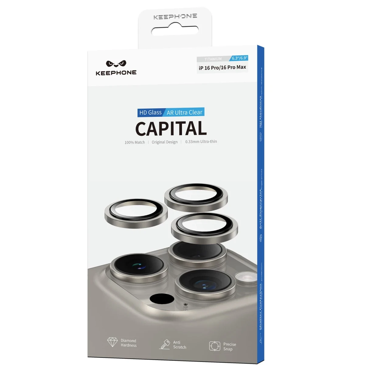Keephone Apple iPhone 16 Pro Max Capital Alüminyum AR Kamera Lens Koruyucu - Çöl Titanyum