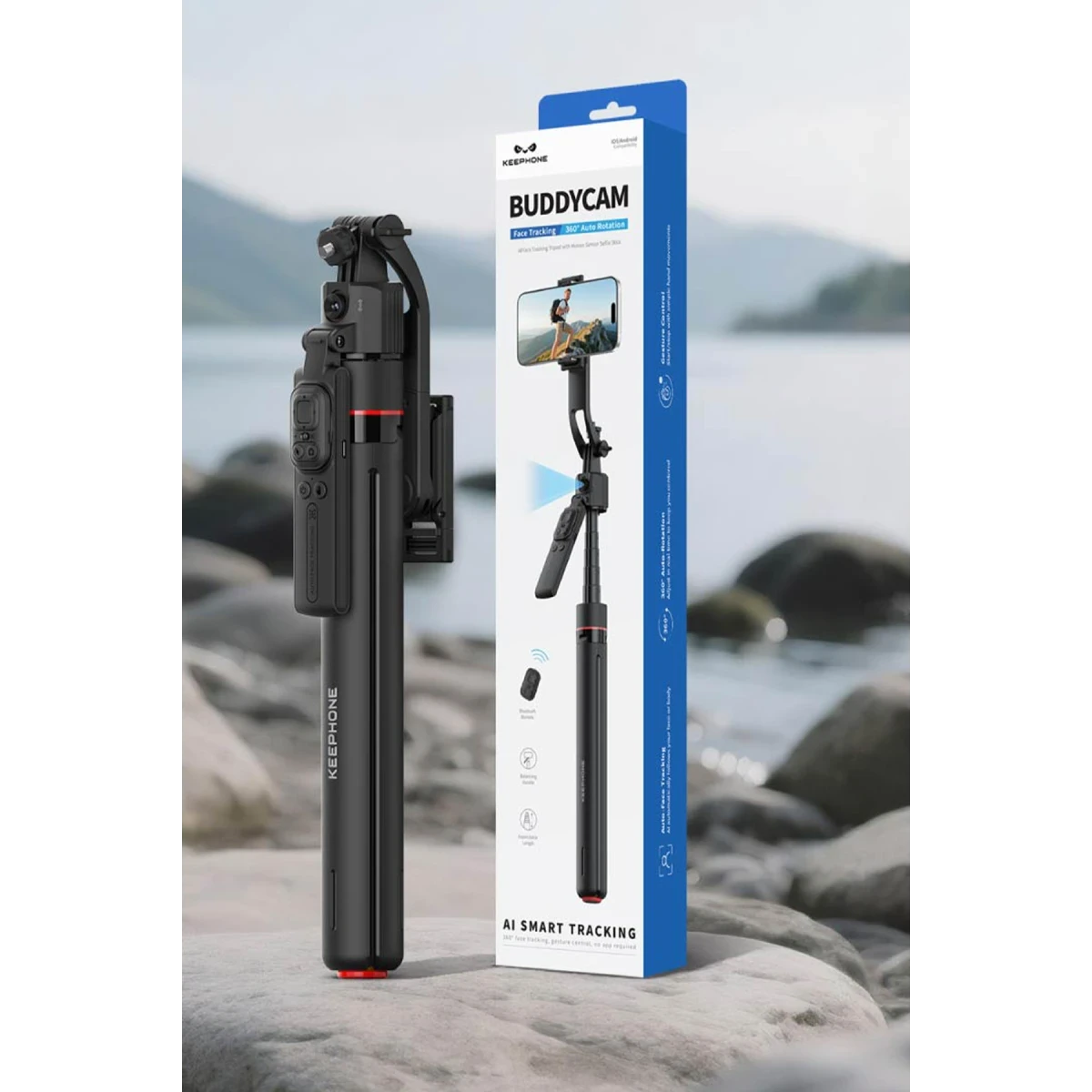 Keephone KP-LA06 BuddyCam 360 Derece AI Auto-Tracking Özellikli BT Selfie Gimbal – Siyah