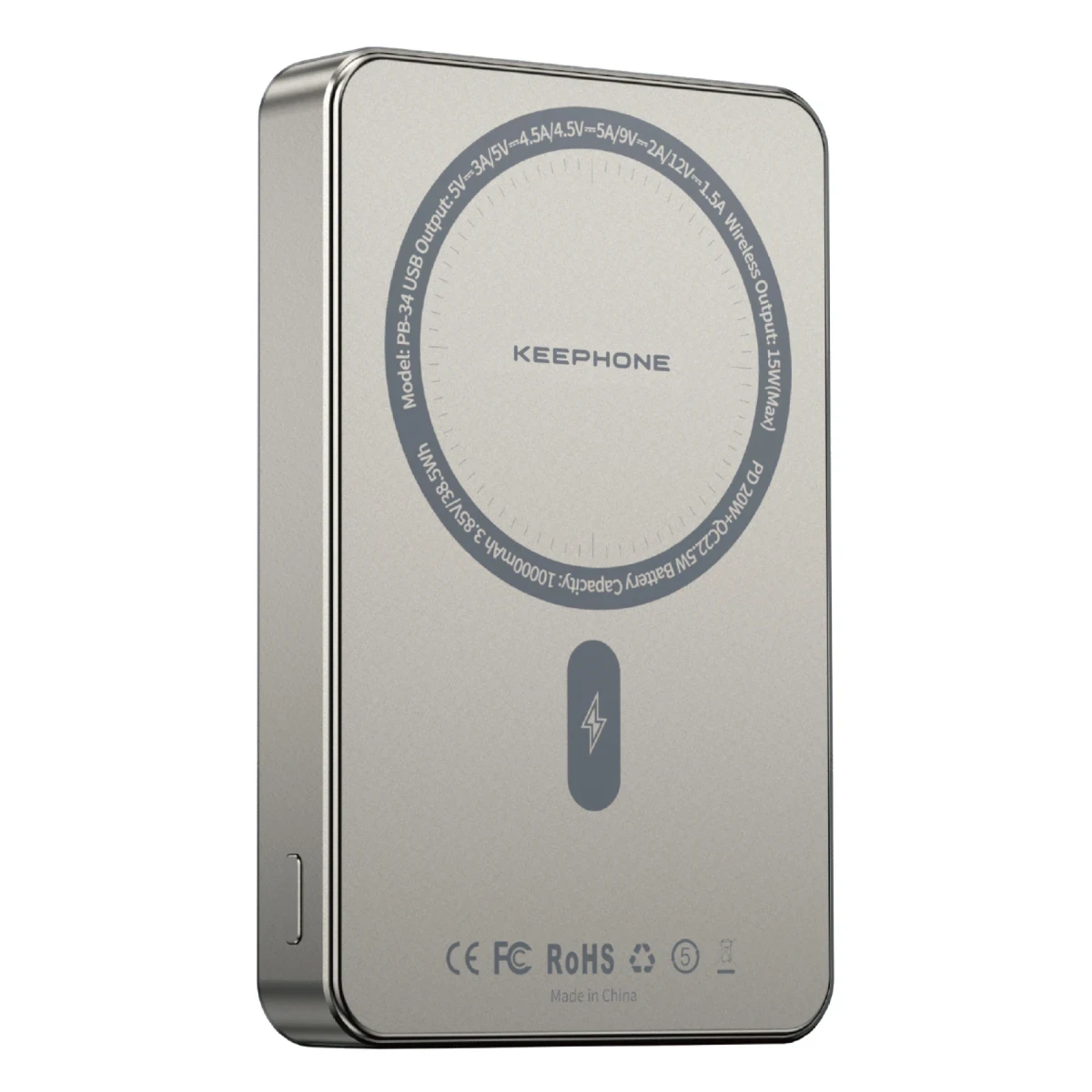 Keephone PB34 Lucci 10.000 mAh 20W Type-C 22.5W USB QC 15W Kablosuz Şarj PD Magsafe Powerbank - Çöl Titanyum
