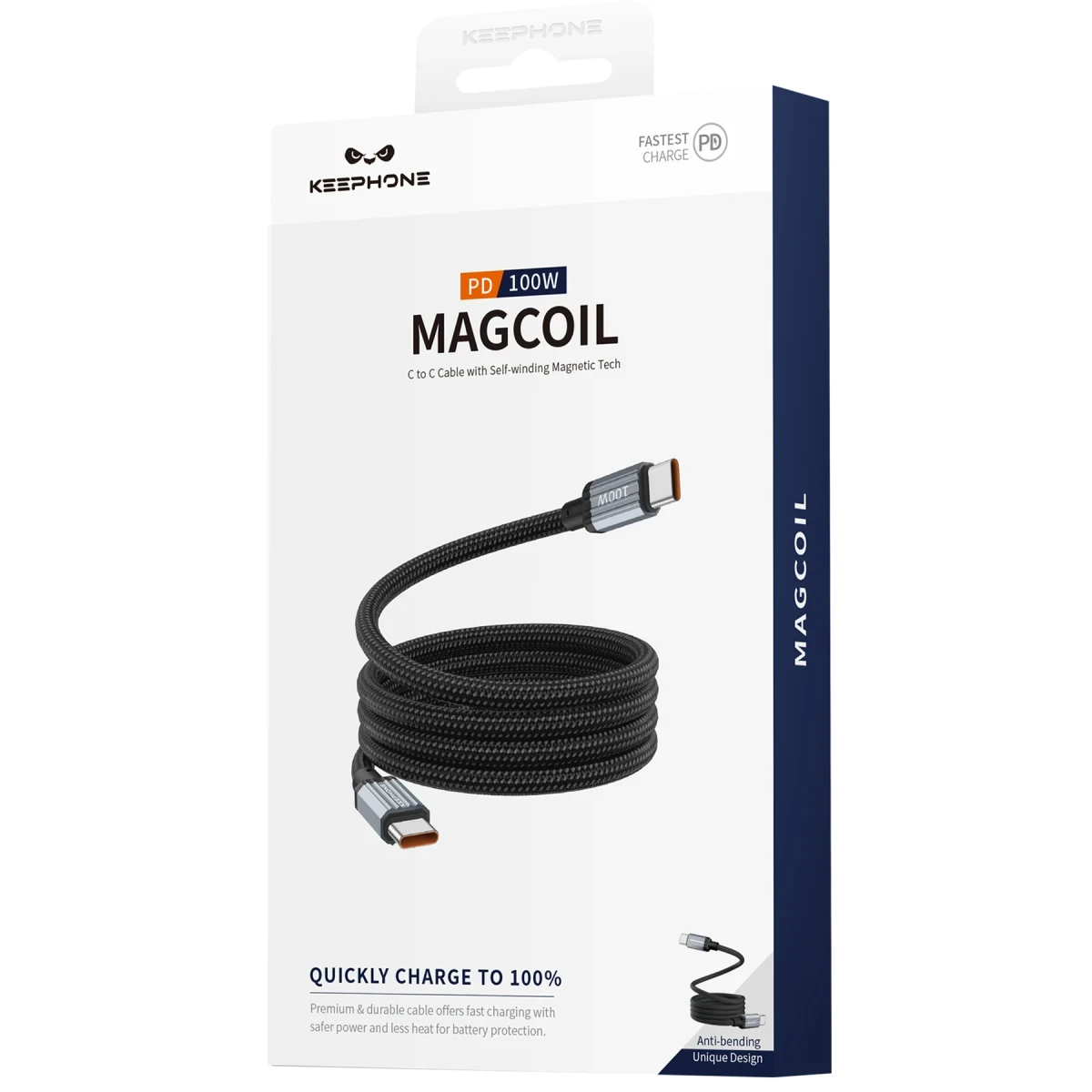 Keephone Magcoil 1M 100W Örgülü Type-C to Type-C Mıknatıslı PD Hızlı Şarj Data Kablosu - Titanyum