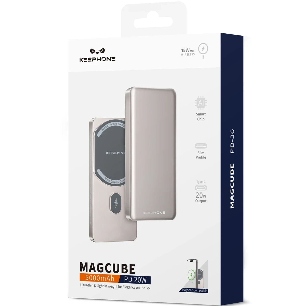 Keephone PB36 MagCube 5.000 mAh Type-C 20W PD Magsafe Destekli Powerbank - Titanyum