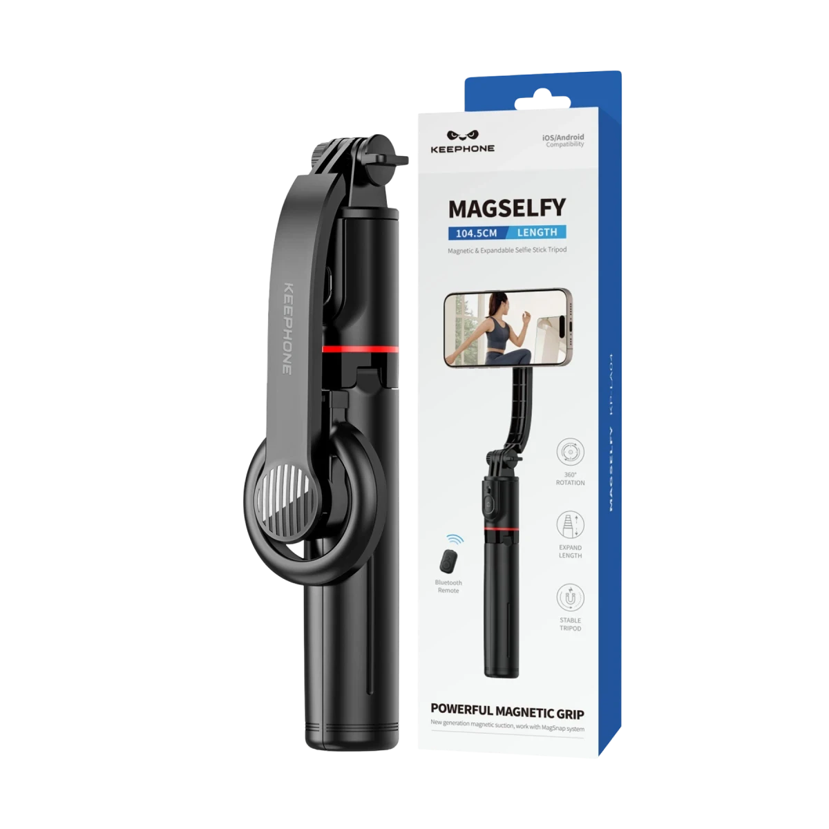 Keephone KP-LA04 MagSelfy 360 Derece Ayarlanabilir Magsafe Özellikli 104.5cm BT Selfie Gimbal - Siyah
