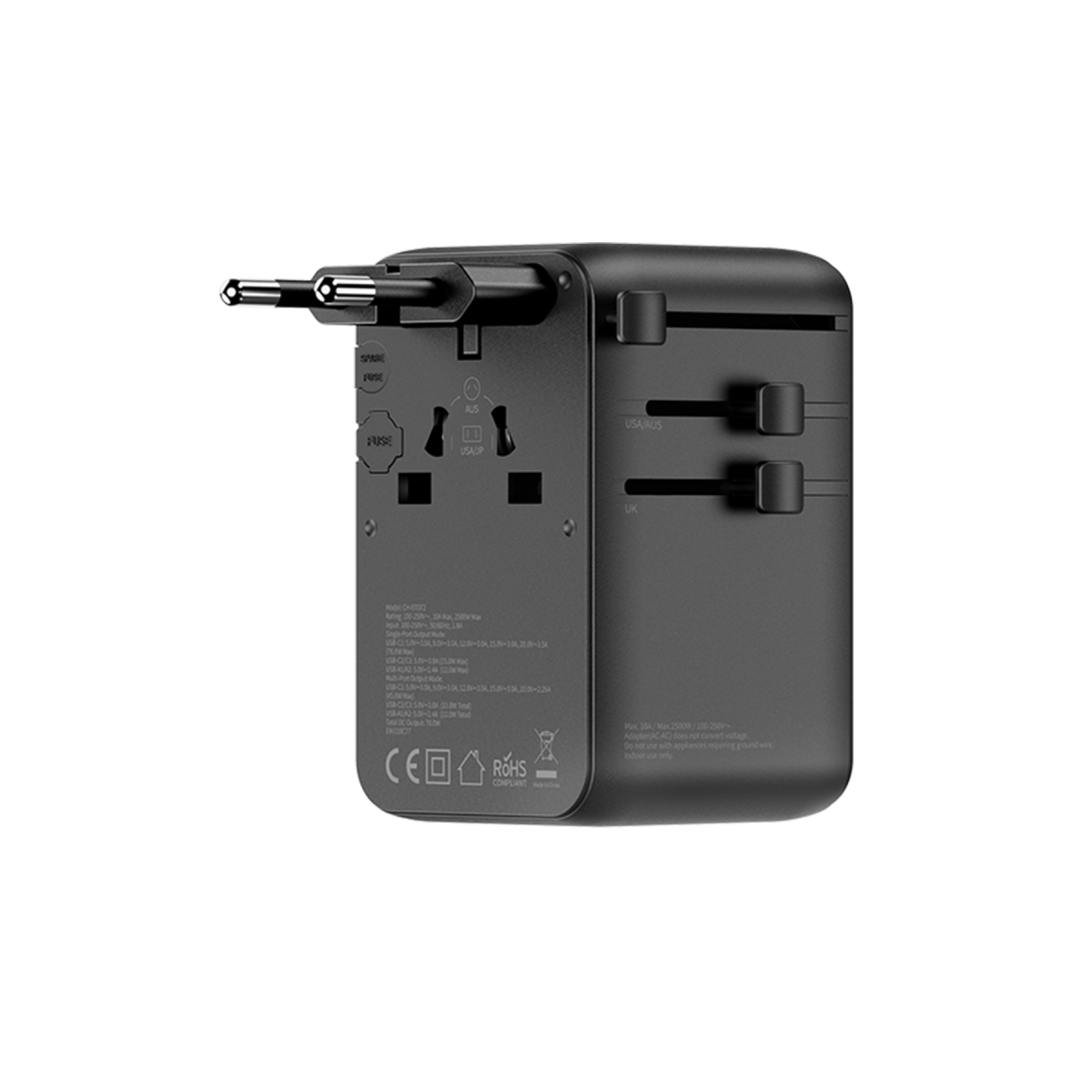 Keephone Marco 70W GaN III 70cm Makaralı Type-C Kablolu 6 Portlu Universal Şarj Aleti - Siyah