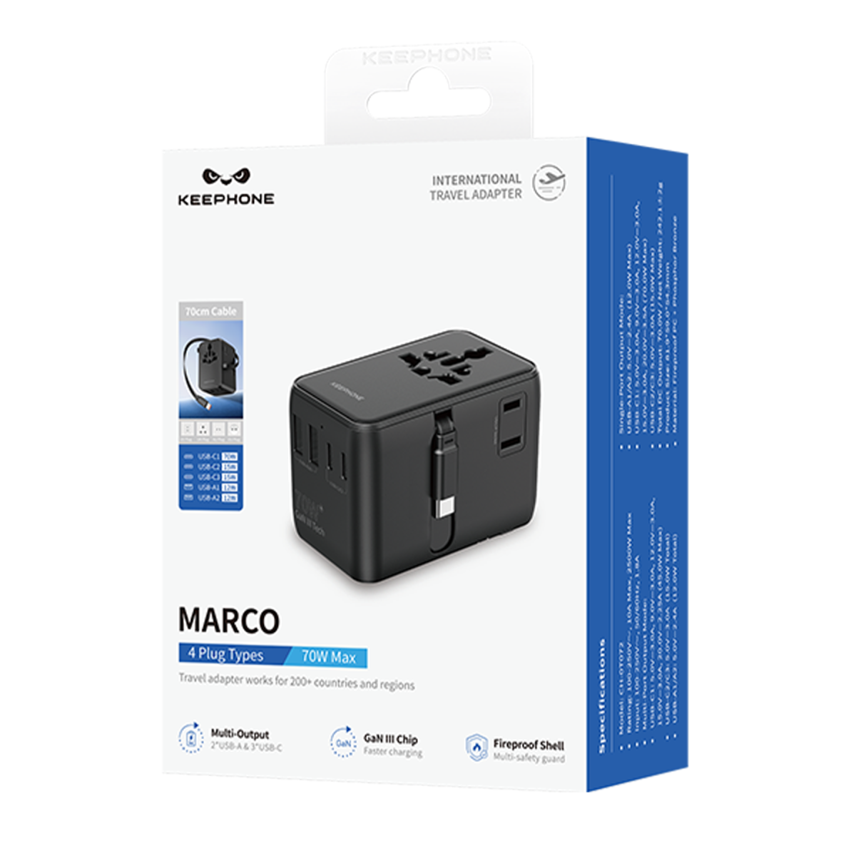 Keephone Marco 70W GaN III 70cm Makaralı Type-C Kablolu 6 Portlu Universal Şarj Aleti - Siyah