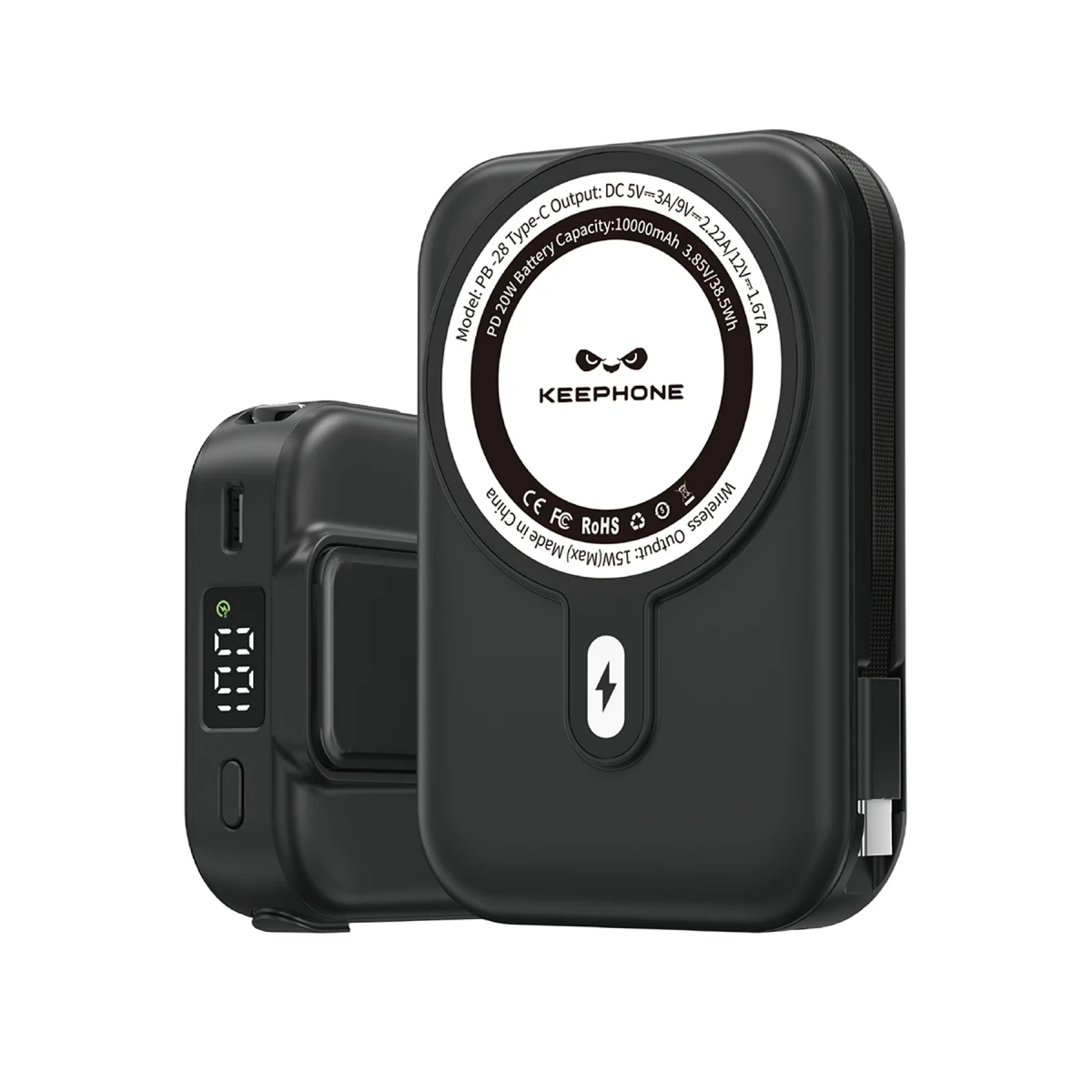 Keephone PB28 Roger 10.000 mAh 20W Type-C 20W Lightning 15W Kablosuz Şarj PD Magsafe Powerbank - Siyah