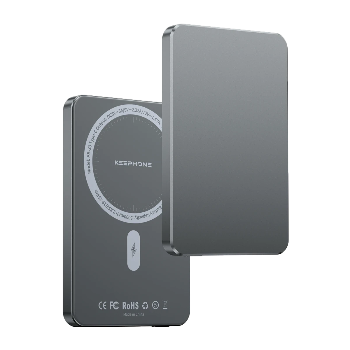 Keephone PB33 Lucci 5.000 mAh 20W Type-C 15W Kablosuz Şarj PD Magsafe Powerbank - Koyu Gri