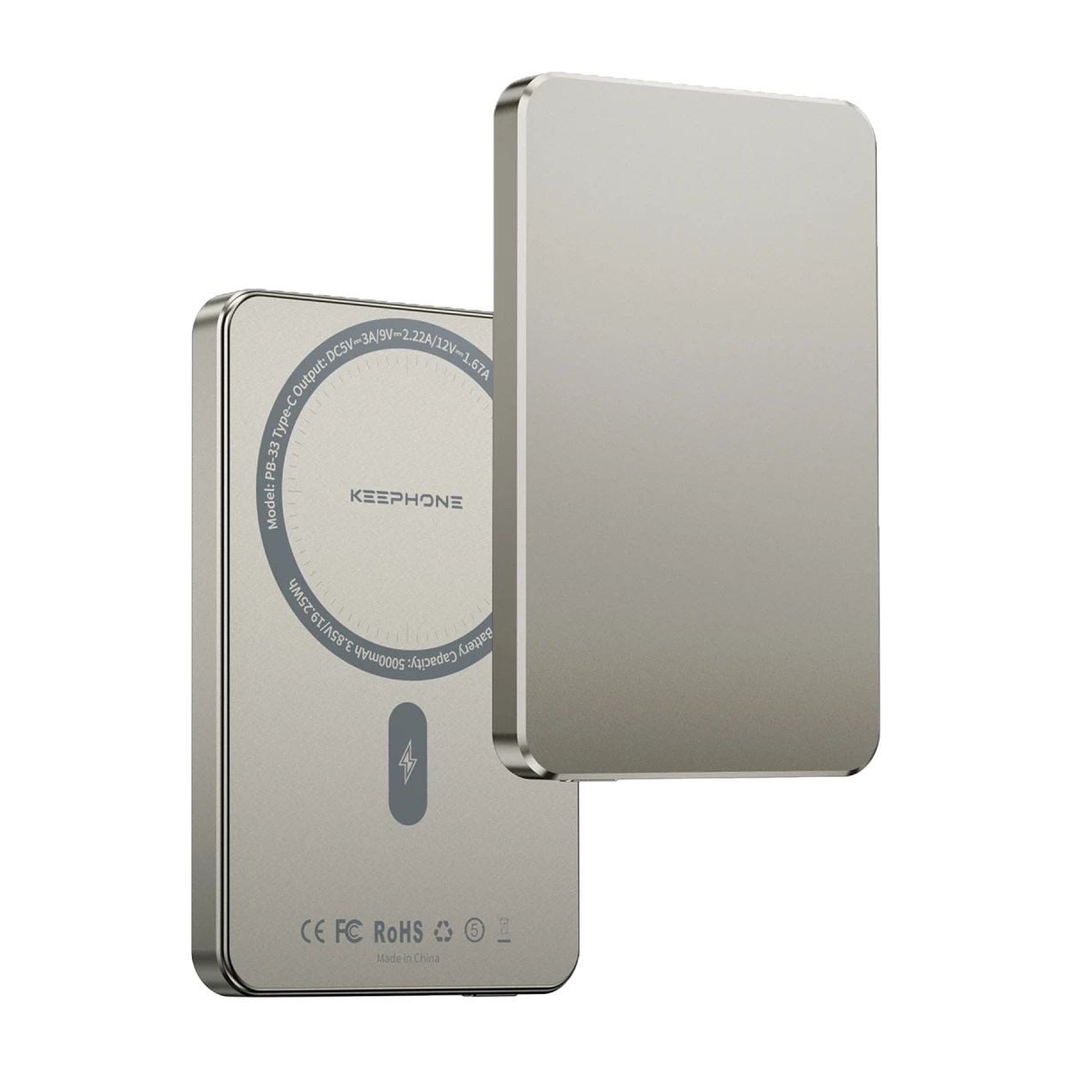 Keephone PB33 Lucci 5.000 mAh 20W Type-C 15W Kablosuz Şarj PD Magsafe Powerbank - Titanyum