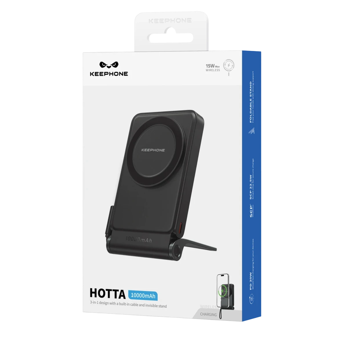 Keephone PB45 Hotta 10.000 mAh 22.5W Dahili Type-C Kablolu 15W Kablosuz Şarj Destekli Standlı PD Magsafe Powerbank - Beyaz