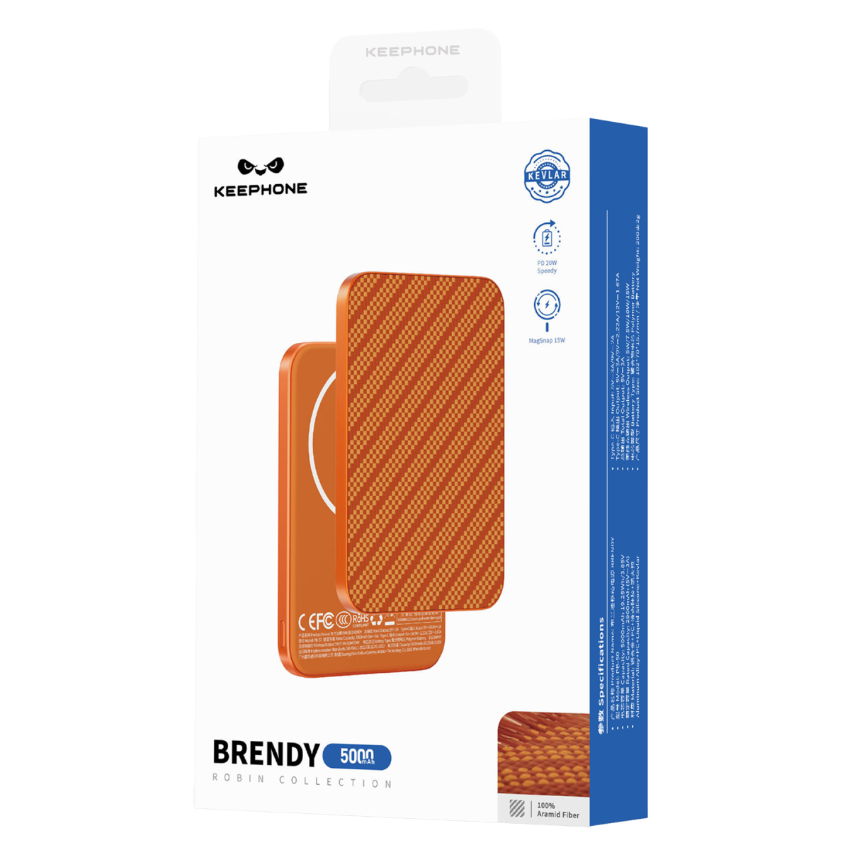 Keephone PB50 Brendy Kevlar 5.000 mAh 20W Type-C ve 15W Kablosuz Şarj Destekli Magsafe Powerbank - Black Robin
