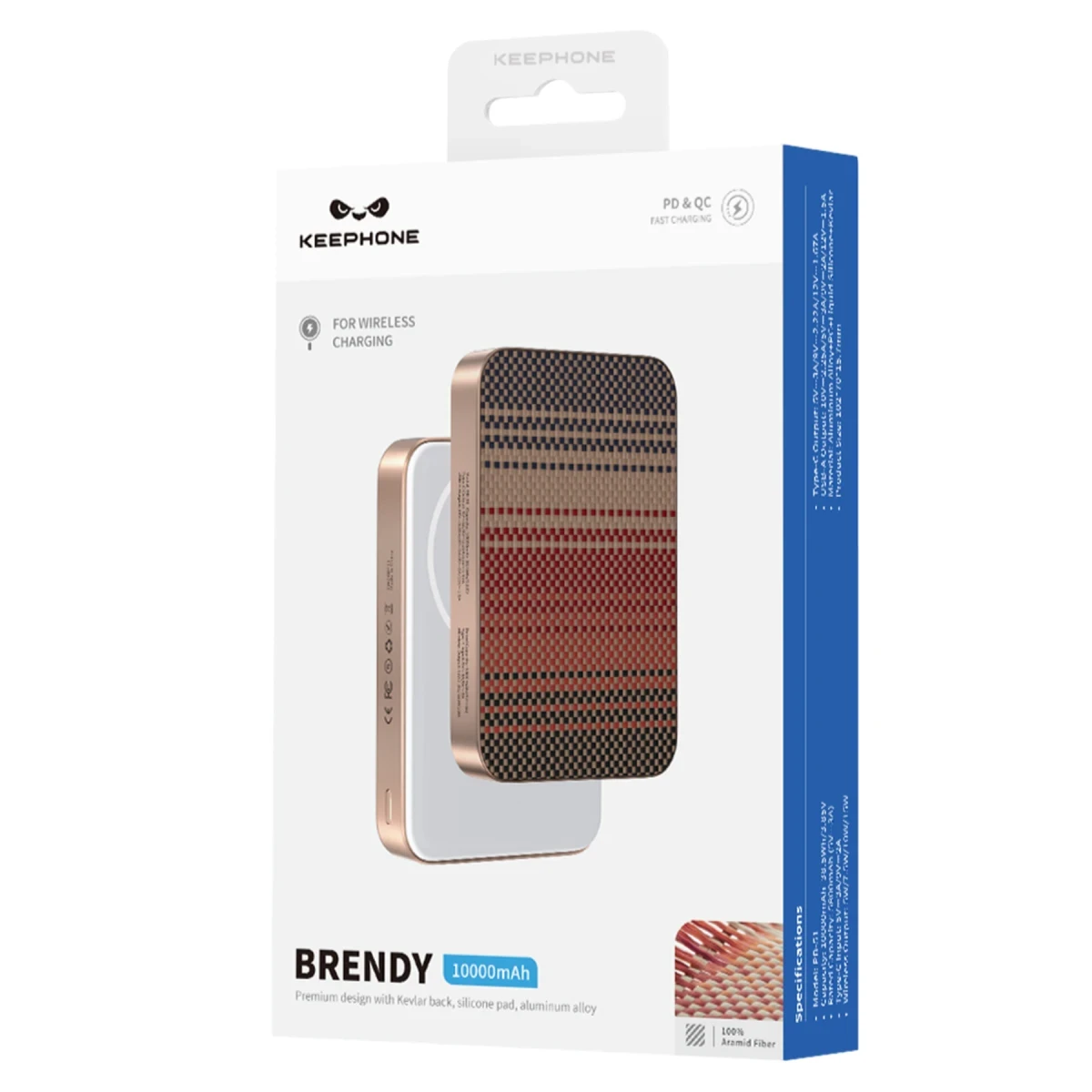Keephone PB51 Brendy Kevlar 10.000 mAh 22.5W USB 20W Type-C ve 15W Kablosuz Şarj Destekli Magsafe Powerbank - Siyah
