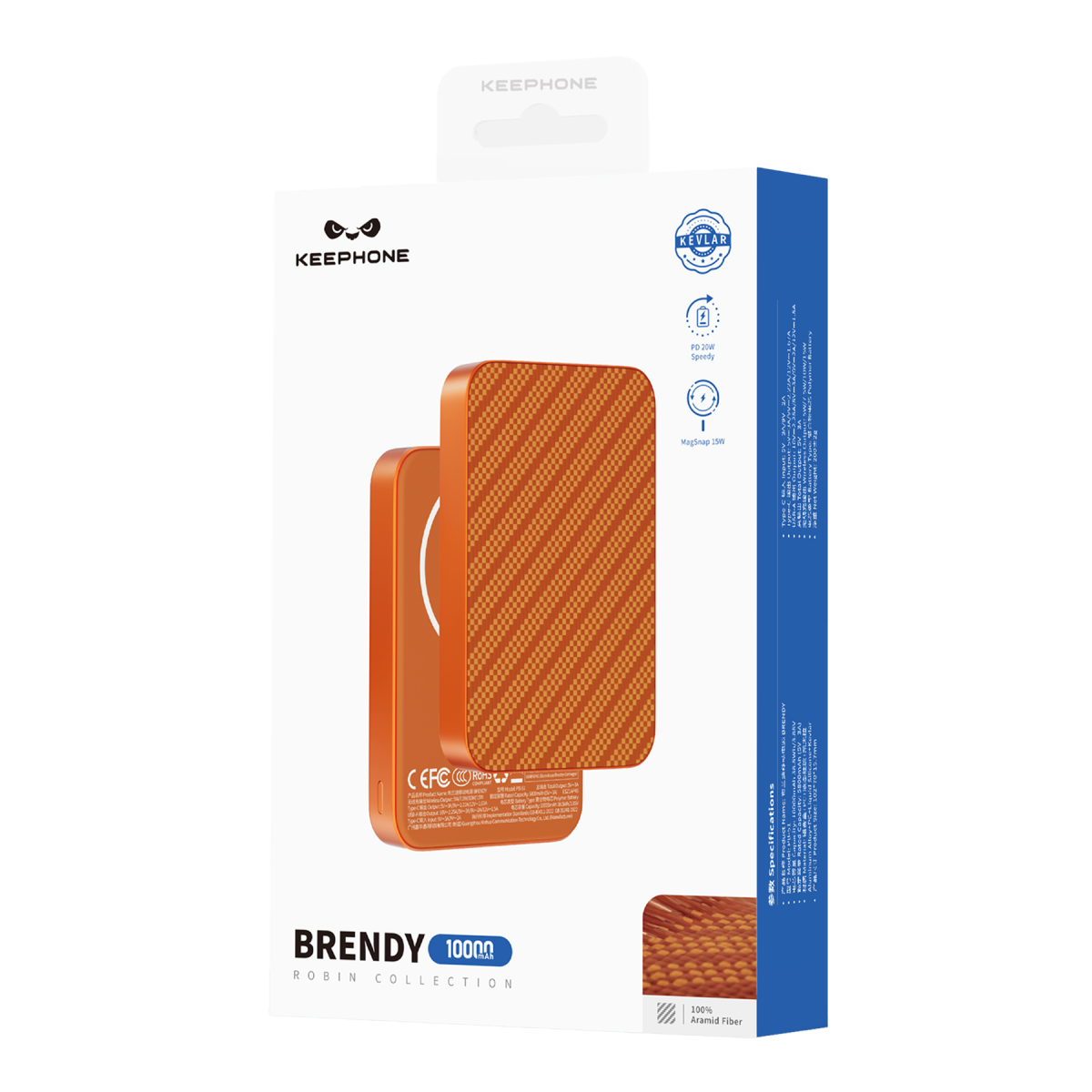 Keephone PB51 Brendy Kevlar 10.000 mAh 22.5W USB 20W Type-C ve 15W Kablosuz Şarj Destekli Magsafe Powerbank - Turuncu