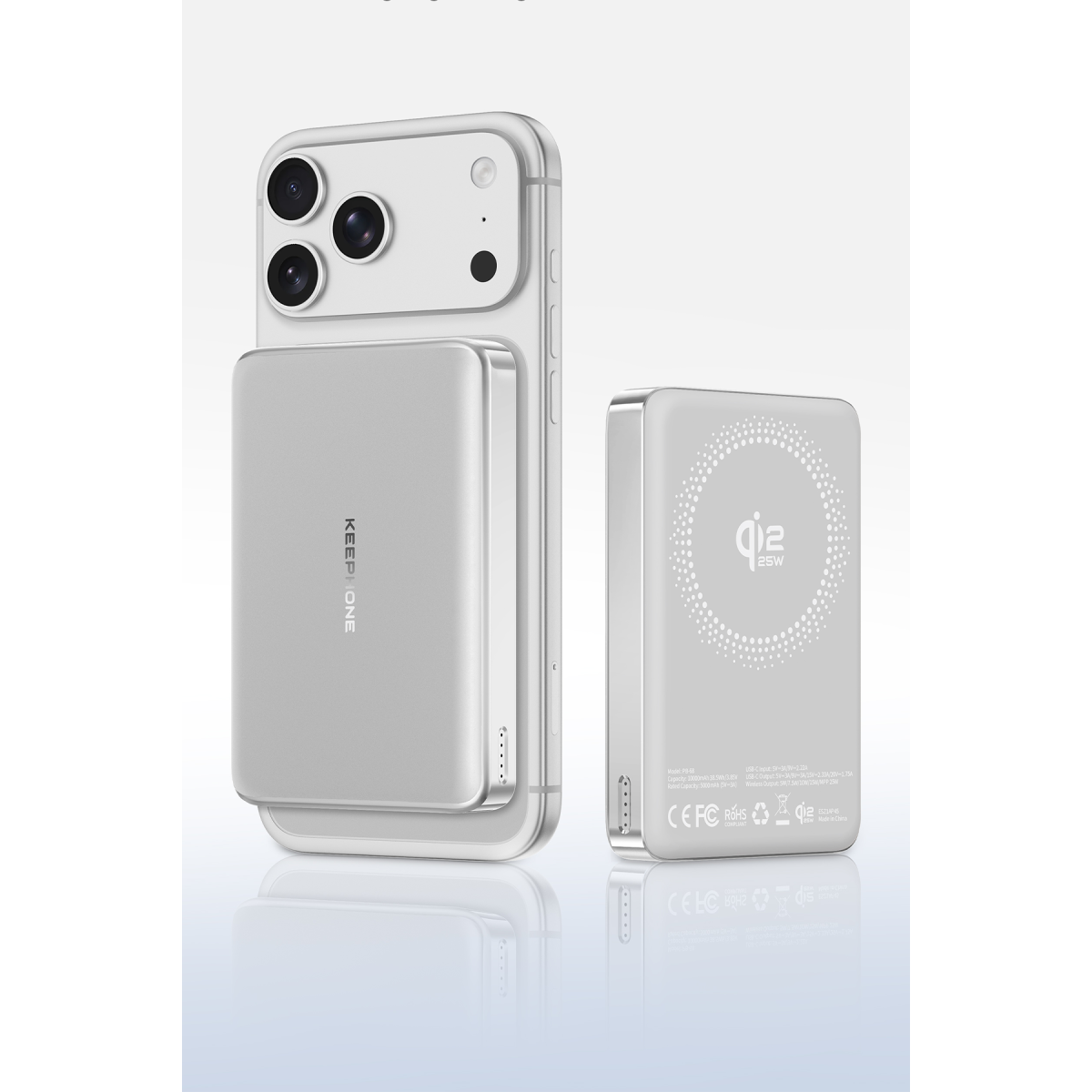 Keephone PB68 Shanks 10.000 mAh 25W Qi2 MagSafe ve Semi Solid Destekli Powerbank - Gümüş