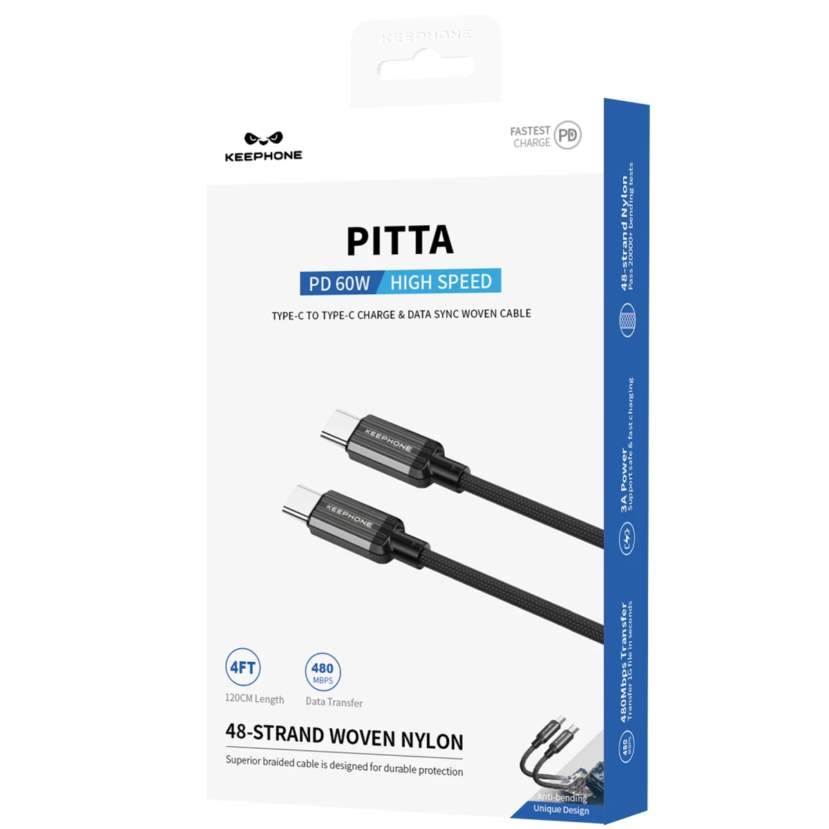 Keephone Pitta 1.2M 60W Örgülü Type-C to Type-C PD Hızlı Şarj Data Kablosu - Titanyum