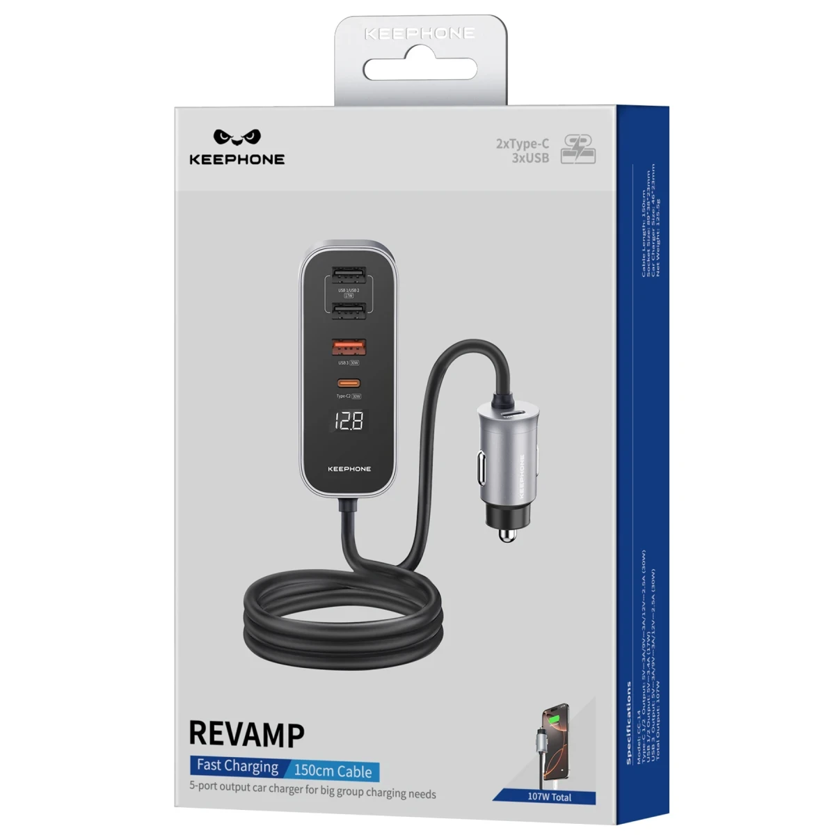 Keephone RevAmp CC14 2 Adet 17W USB 1 Adet 30W USB ve 1 Adet 30W Type-C Çıkışlı PD Hızlı Araç Şarj - Koyu Gri