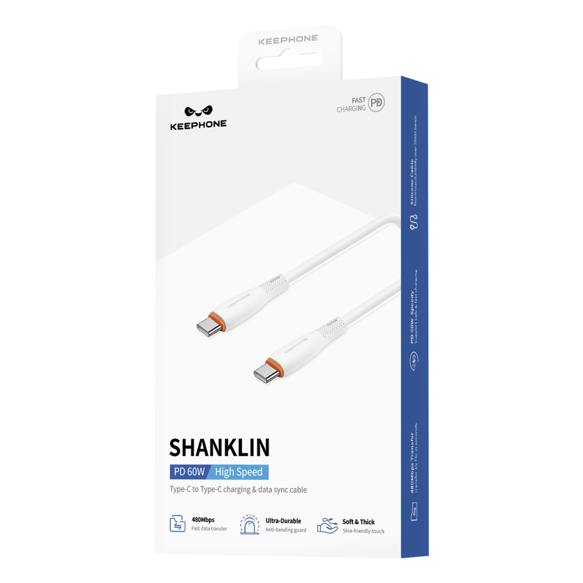 Keephone Shanklin 1.2M Type-C to Type-C 480 Mbps Data ve Şarj Kablosu - Beyaz